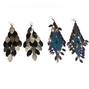 Lot of 2 Teal Black Silver Statement Chandelier Earrings with Cascading Design